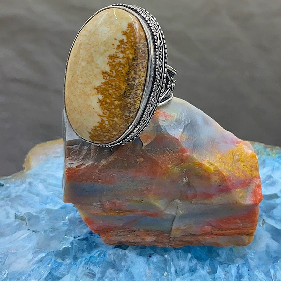 Vtg Sterling Silver Ring With Polished Oval Picture Jasper Stone. - Picture 2 of 10